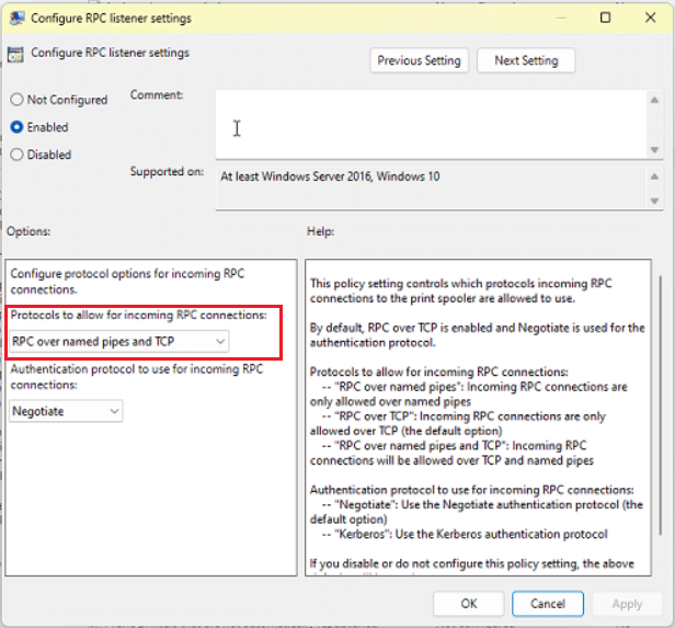 Sửa lỗi Printer Error 0x00000bc4 hoặc 0x00000709 trên Windows 11 22H2 Configure RPC Listener Settings