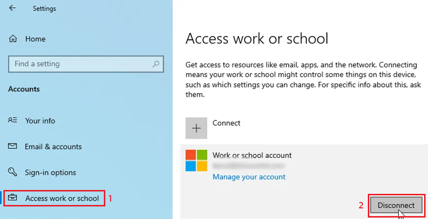 Sửa lỗi Windows update error 80240025 (0x80240025) DisconnectWorkorSchoolAccount
