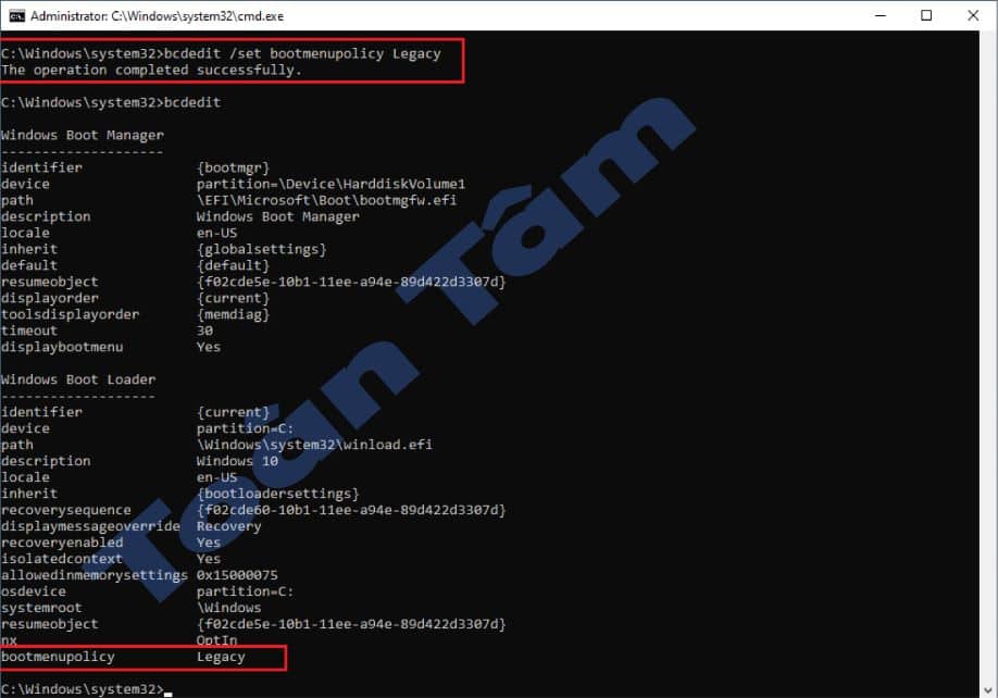 Mở lại phím chức năng F8 vào chế độ khởi động nâng cao trên Windows 10/11 TT Bcdedit Displaybootmenu