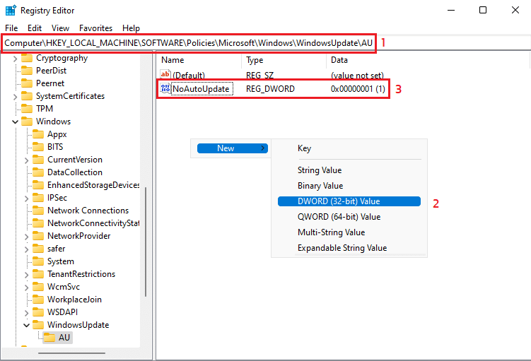 Tắt cập nhật tự động trên Windows 11 Registry Windows Update
